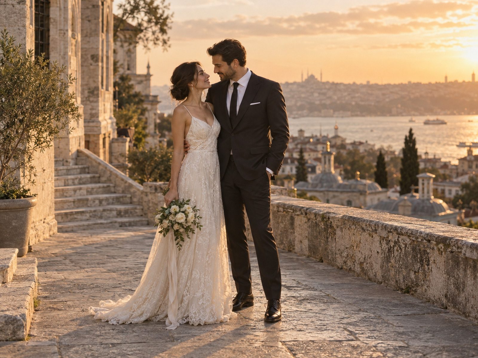 Altın saatte birbirine sarılan gelin ve damat