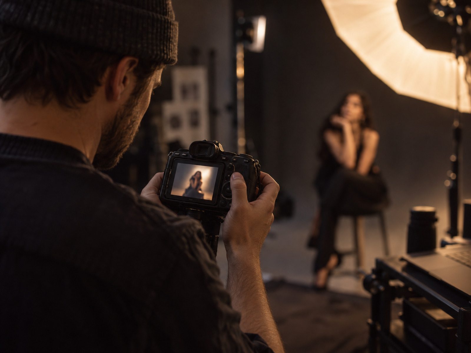 Fotoğrafçı çekim sırasında kamera ekranını kontrol ediyor; arkada softbox ışığında poz veren model