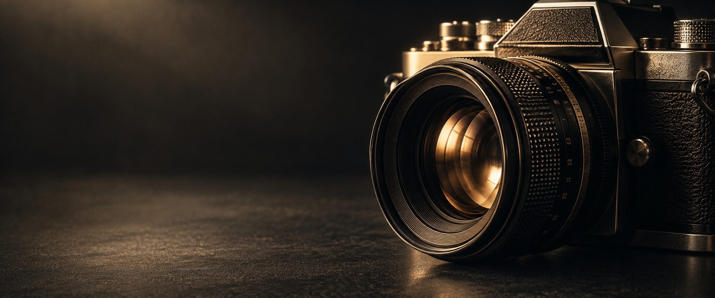 Karanlık zeminde vintage fotoğraf makinesi ve lens